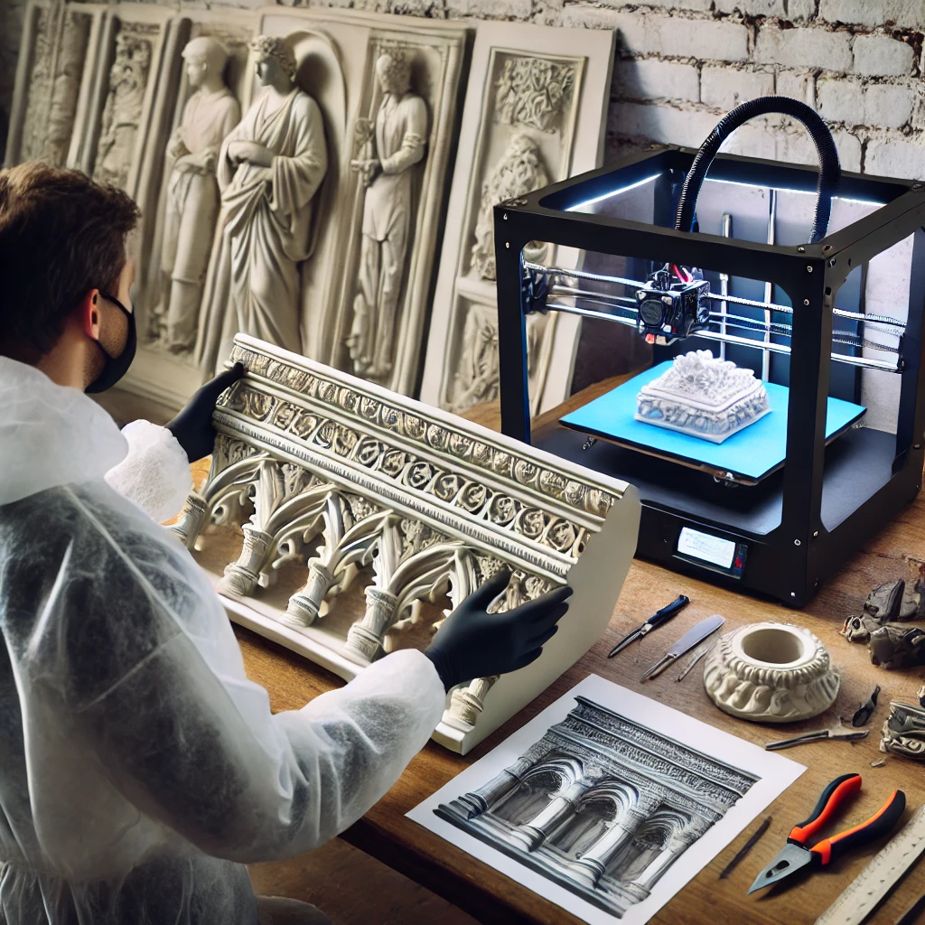 Konserwator odtwarzający detale architektoniczne zabytkowego budynku za pomocą druku 3D, w tym ornamenty i gzymsy.