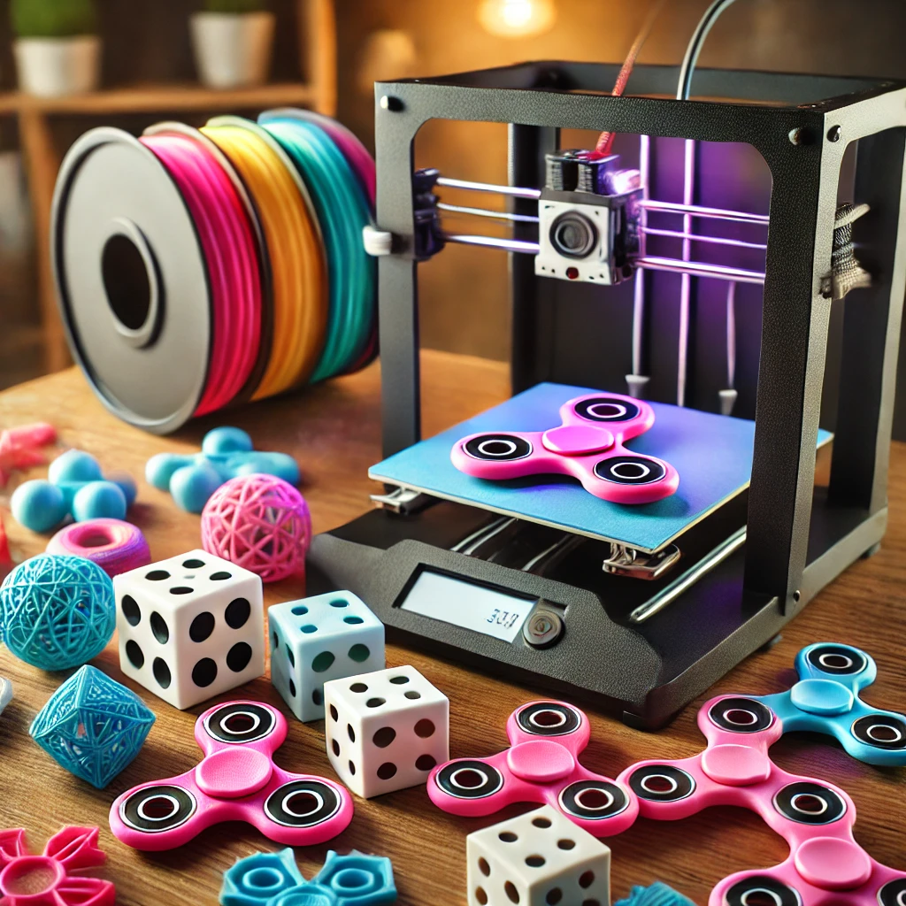 Zbliżenie na drukarkę 3D tworzącą kolorowe fidget toys, takie jak spinnery, kostki i puzzle, na biurku w przytulnym wnętrzu.