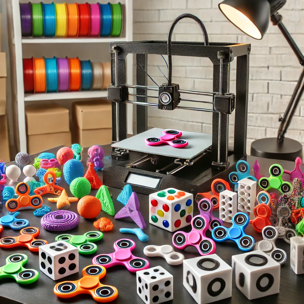 Nowoczesne stanowisko pracy z drukarką 3D drukującą kolorowe fidget toys, takie jak spinnery i kostki.