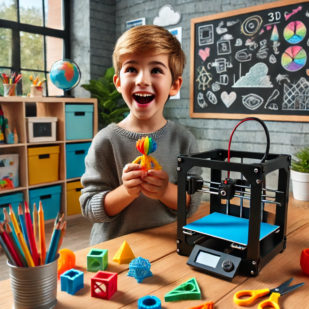Dziecko w nowoczesnej klasie we Wrocławiu z radością trzyma świeżo wydrukowaną kolorową zabawkę z drukarki 3D, otoczone materiałami edukacyjnymi.