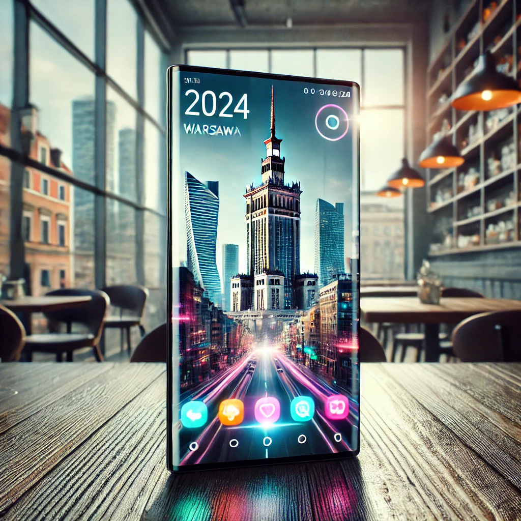 Nowoczesny smartfon z futurystycznym designem na drewnianym stole w warszawskiej kawiarni z widokiem na rozmytą panoramę miasta.