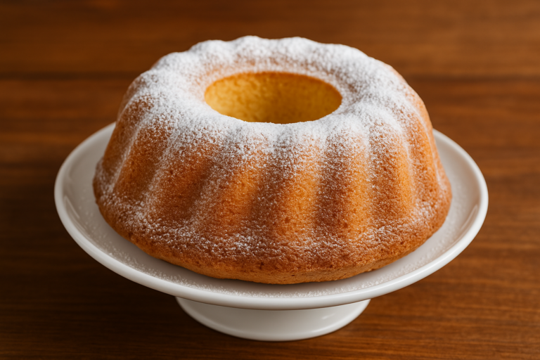 Puszysta babka piaskowa z cukrem pudrem na białej paterze