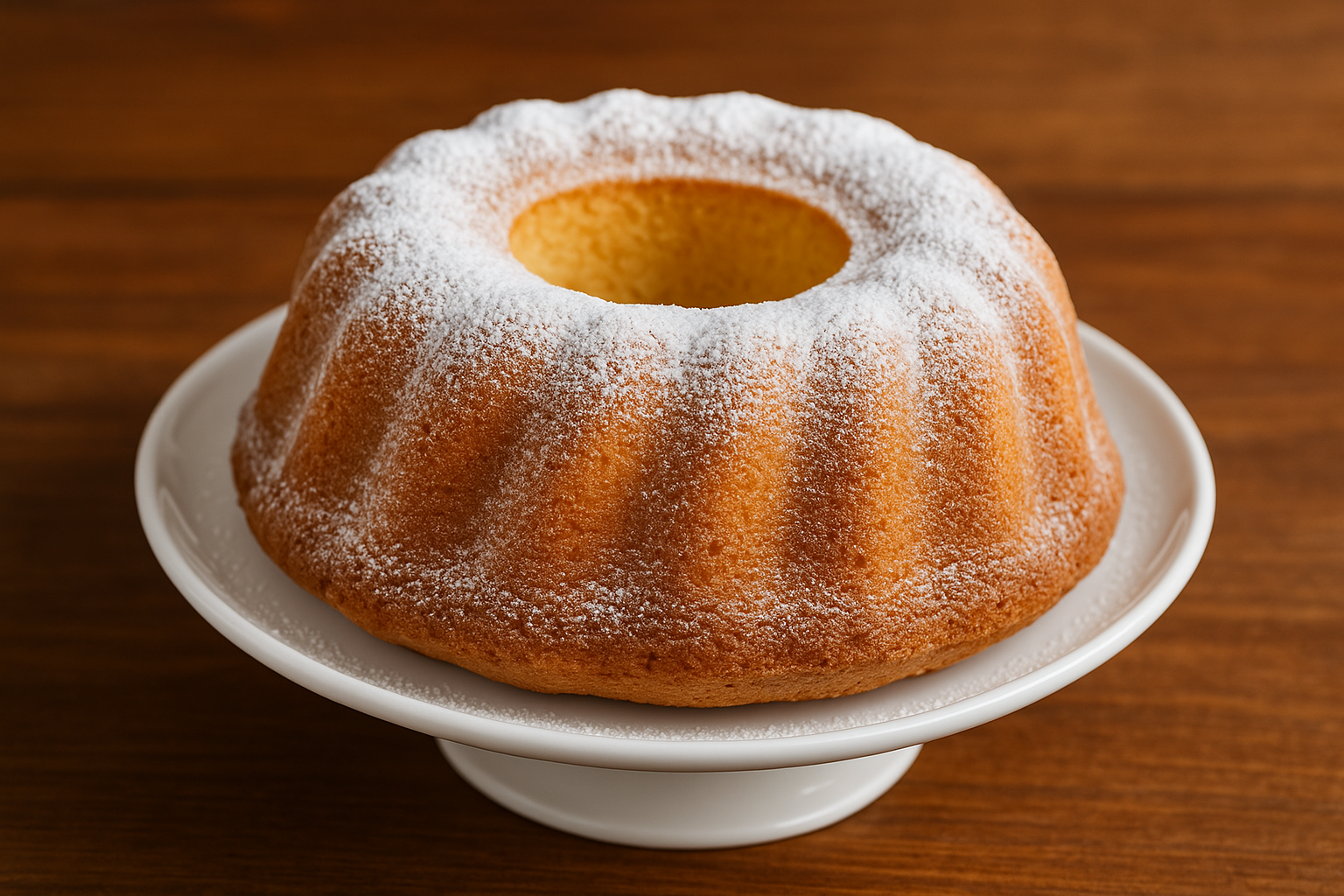 Puszysta babka piaskowa z cukrem pudrem na białej paterze